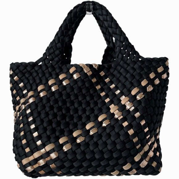 Naghedi St Barths Small Tote Black Gold Modena Woven Metallic - Picture 1 of 7